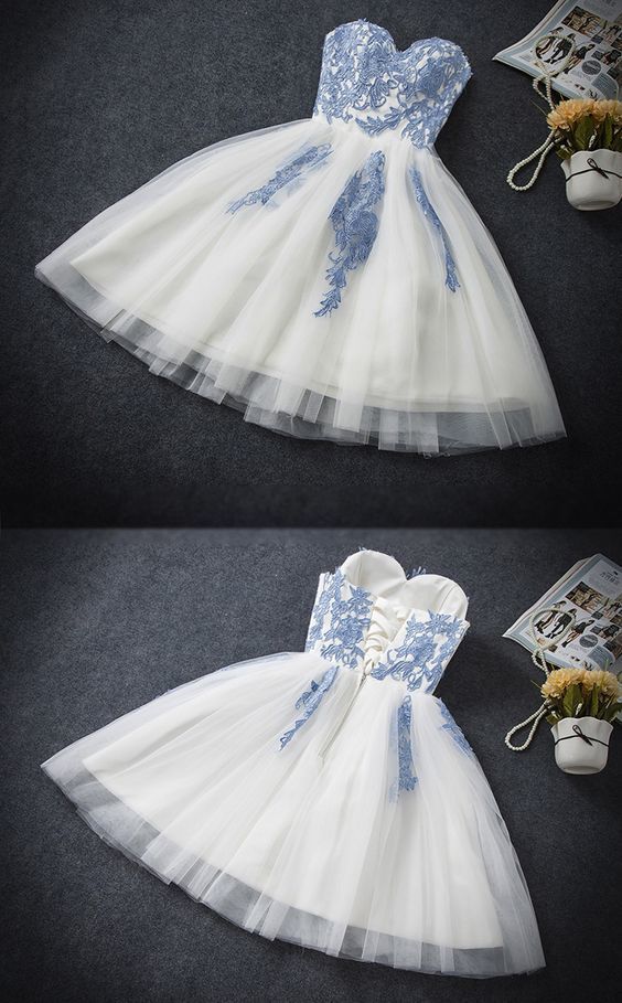 A-Linie Herzausschnitt Ärmellos Kurzes Tüll Homecoming Kleid mit Applikationen cg218