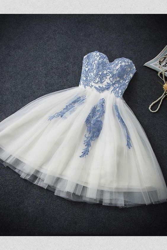 A-Linie Herzausschnitt Ärmellos Kurzes Tüll Homecoming Kleid mit Applikationen cg218