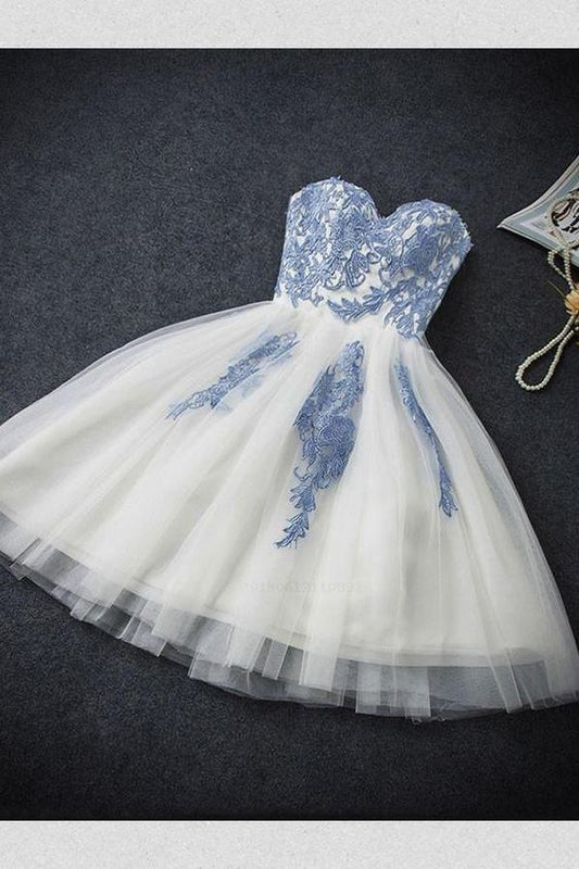 A-Linie Herzausschnitt Ärmellos Kurzes Tüll Homecoming Kleid mit Applikationen cg218