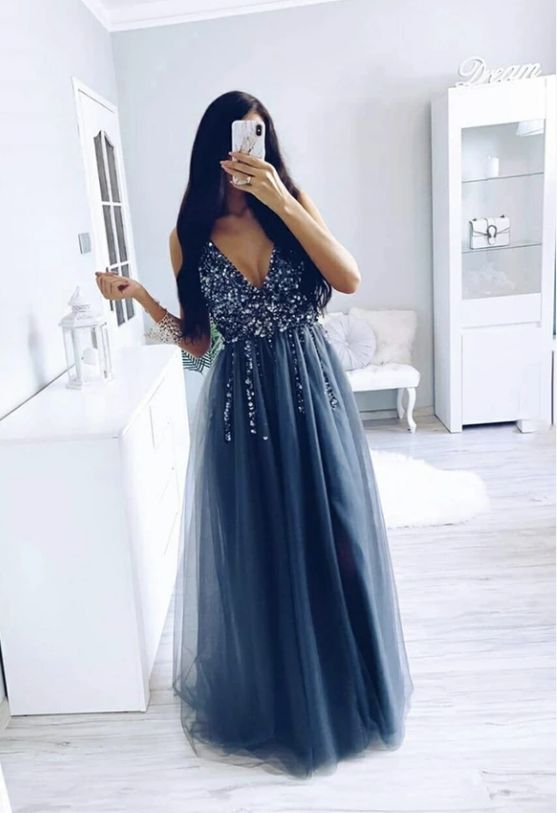 Dark gray tulle beads prom dress formal dress cg21810