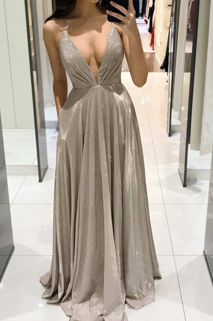 Shiny v neck long A line prom dress evening dress cg21823
