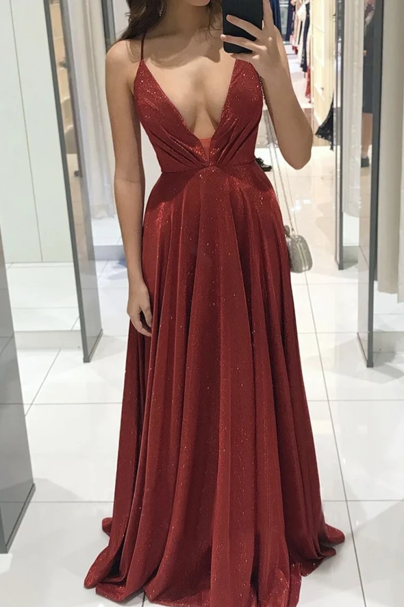 Shiny v neck long A line prom dress evening dress cg21823