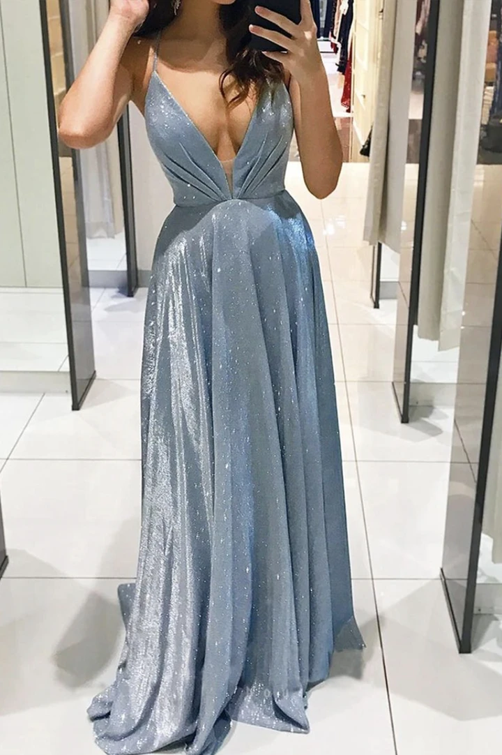 Shiny v neck long A line prom dress evening dress cg21823