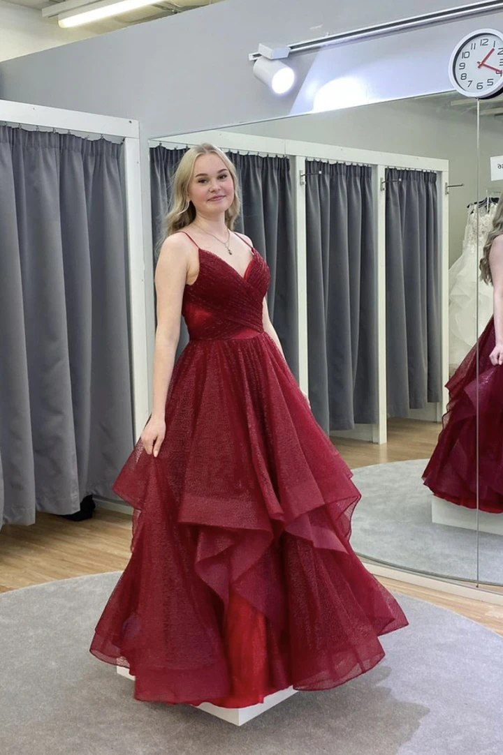 Burgundy tulle long A line prom dress evening dress cg21824