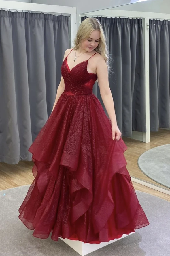 Burgundy tulle long A line prom dress evening dress cg21824
