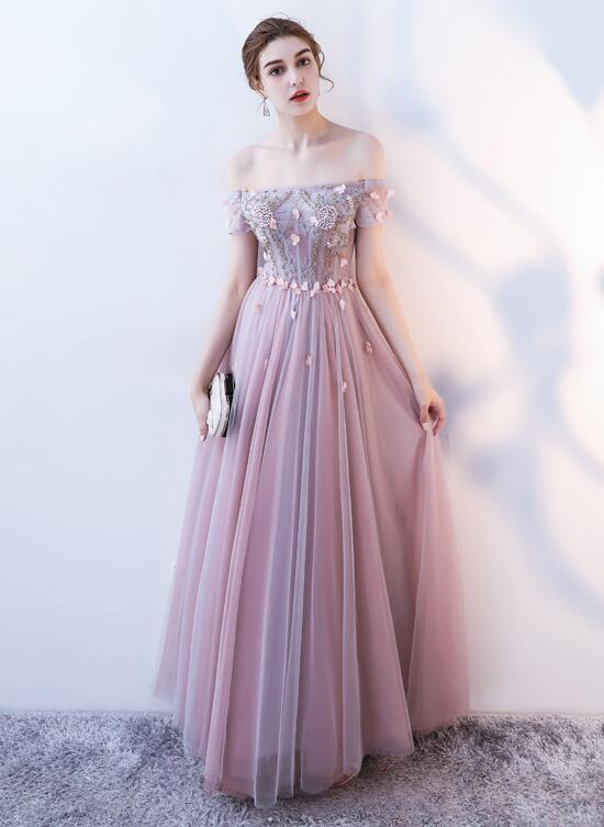 Pink Tulle Flowers And Beaded Long Off Shoulder Prom Dress, A-Line Pink Party Dress cg21828