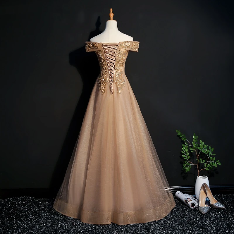Champagne Tulle Off Shoulder Lace Applique Party Dress, A-Line Floor Length Long Evening prom Dress cg21829