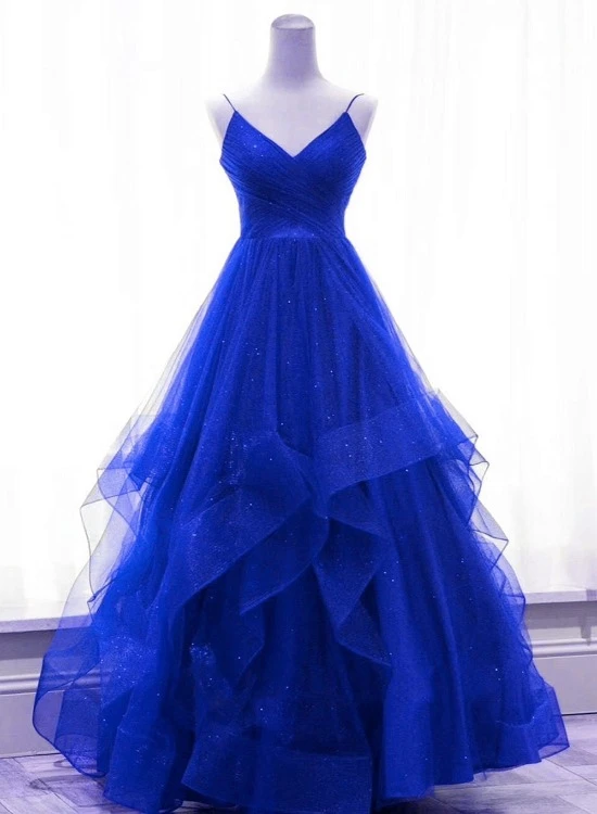 Royal Blue Shiny Tulle V-Neckline Straps Long Party Dress, A-Line Tulle Prom Dress Evening Dress cg21830