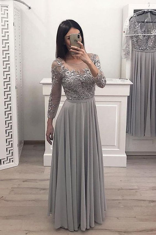 Spitzenapplikationen Grau Lange Ärmel Chiffon Mode Ballkleid Formale Abend Grad Kleider cg2184