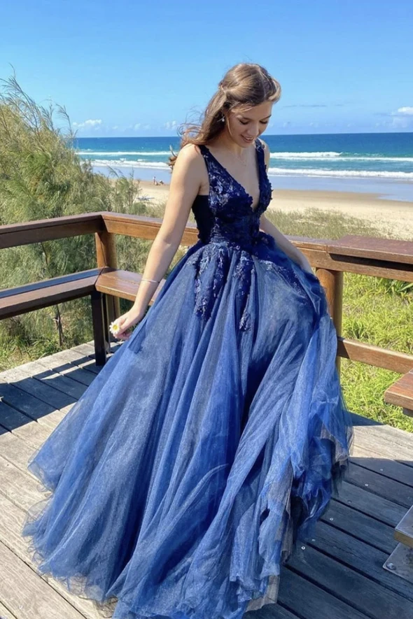 Blue v neck tulle lace long A line prom dress evening dress cg21863