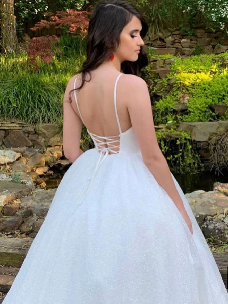 Weißes langes Ballkleid aus Tüll mit Pailletten und V-Ausschnitt, weißes Abendkleid aus Tüll, cg21865