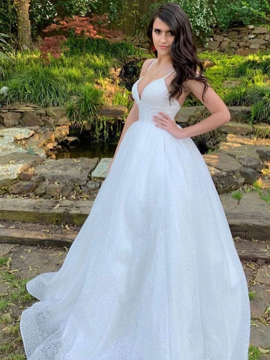 Weißes langes Ballkleid aus Tüll mit Pailletten und V-Ausschnitt, weißes Abendkleid aus Tüll, cg21865