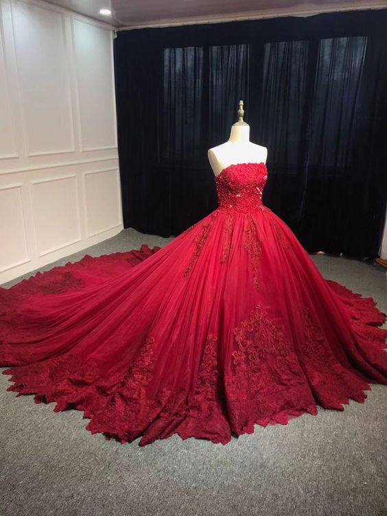 Strapless dark red ball gown lace appliques pearls crystals sequins beaded wedding prom dresses cg21868