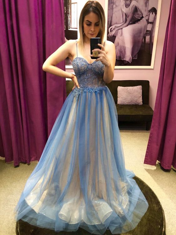 Blue Tulle Long A Line Prom Dress Evening Dress cg21872