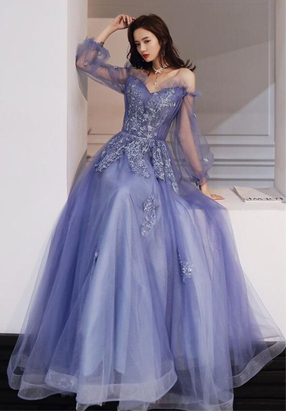 Blue Purple Tulle Long Sleeves Lace Applique Formal Gown, Blue-Purple Evening Dress Prom Dress cg21874