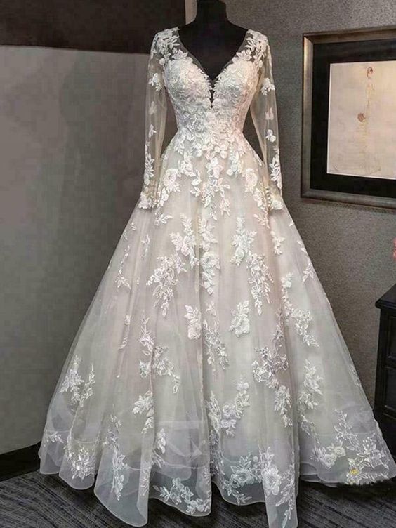 Langarm V-Ausschnitt A-Linie Brautkleider Rückenfrei Spitzenapplikationen Brautkleider Ballkleid cg21878