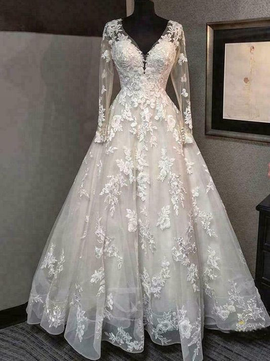 Langarm V-Ausschnitt A-Linie Brautkleider Rückenfrei Spitzenapplikationen Brautkleider Ballkleid cg21878
