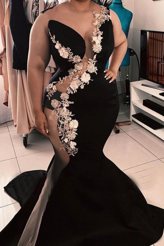 Mermaid Plus Size Black Prom Dresses with Appliques cg21880