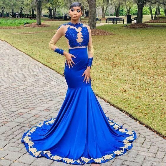 Royal Blue Mermaid Prom Dresses Gold Lace Prom Gowns Illusion Long Sle classygown Royal Blue Mermaid Prom Dresses Gold Lace Prom Gowns Illusion Long Sle classygown