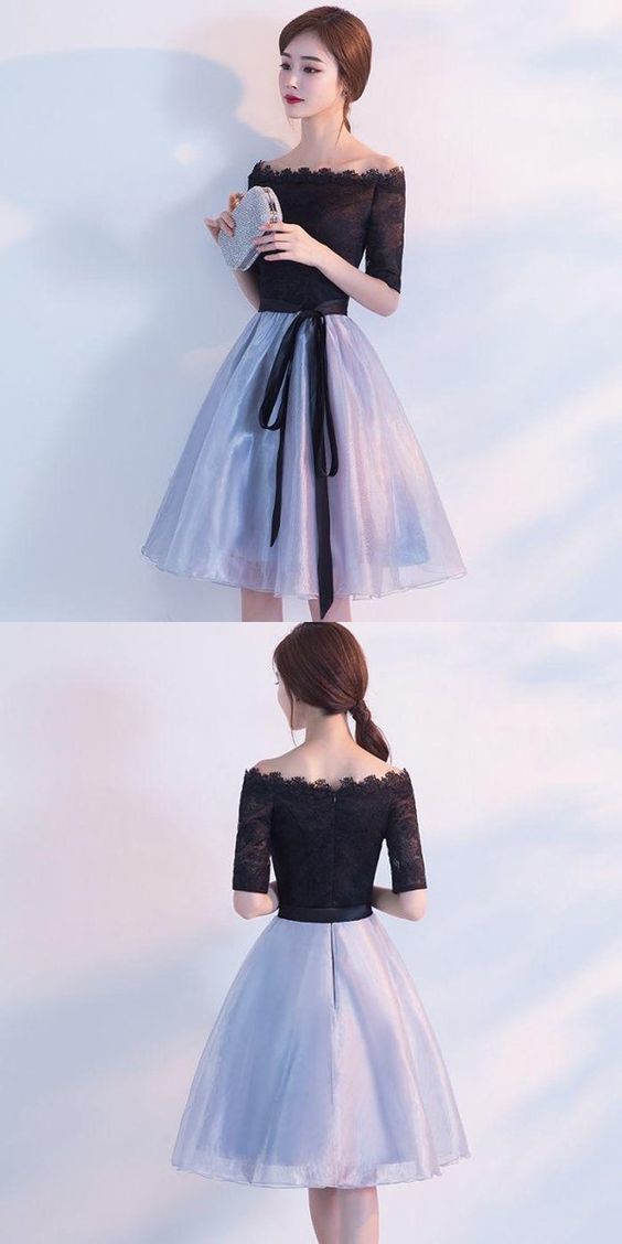 Sexy schulterfreies schwarzes knielanges Tüll-Heimkehrkleid cg219