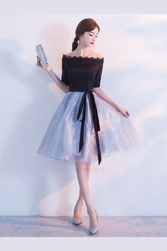 Sexy schulterfreies schwarzes knielanges Tüll-Heimkehrkleid cg219