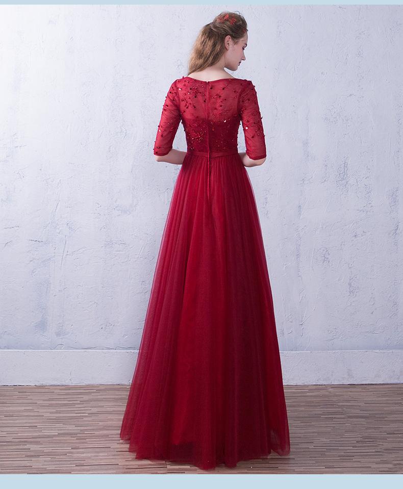 Weinrotes, kurzärmeliges, perlenbesetztes Tüllkleid für Hochzeiten, langes A-Linien-Tüllkleid cg21919