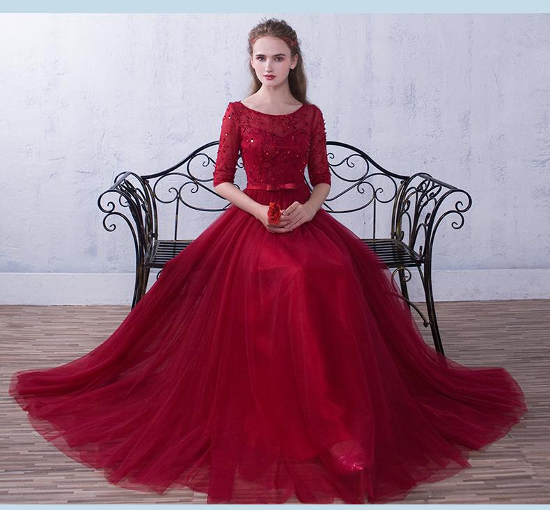 Weinrotes, kurzärmeliges, perlenbesetztes Tüllkleid für Hochzeiten, langes A-Linien-Tüllkleid cg21919