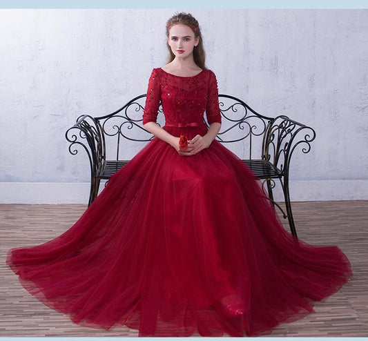 Weinrotes, kurzärmeliges, perlenbesetztes Tüllkleid für Hochzeiten, langes A-Linien-Tüllkleid cg21919