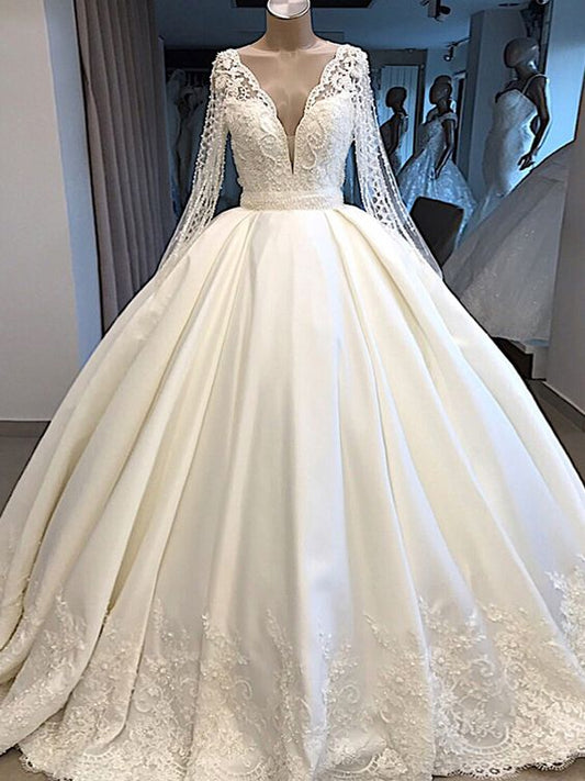A-Linie Brautkleid Elfenbein Satinrock Vollärmel Bling Bling Plissee Brautkleid cg21934