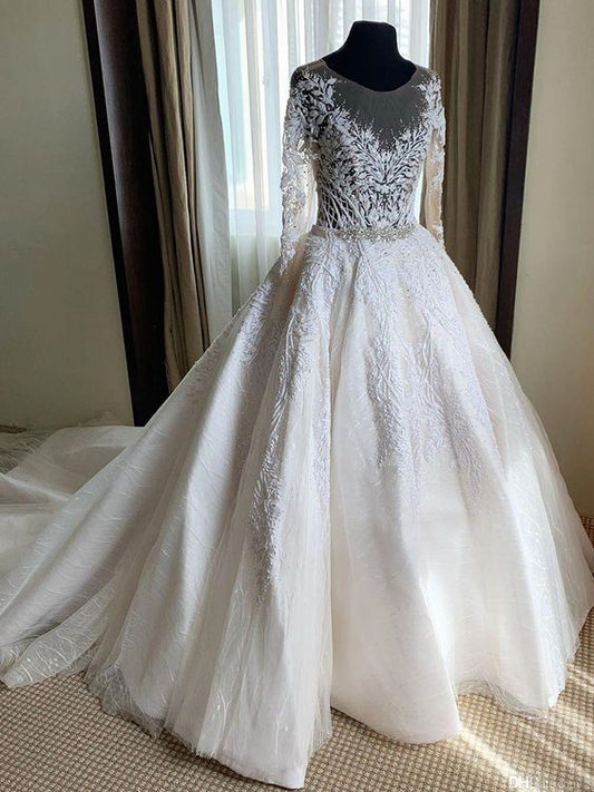 Spitze Perlen Vintage Brautkleider Lange Ärmel Sheer Neck Brautkleider Kristalle Brautkleider Ballkleid cg21942