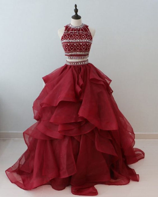 Burgunderrotes Organza-Kristallrüschen-2-teiliges Quinceanera-Kleid, Sweet 16-Ballkleid cg2196