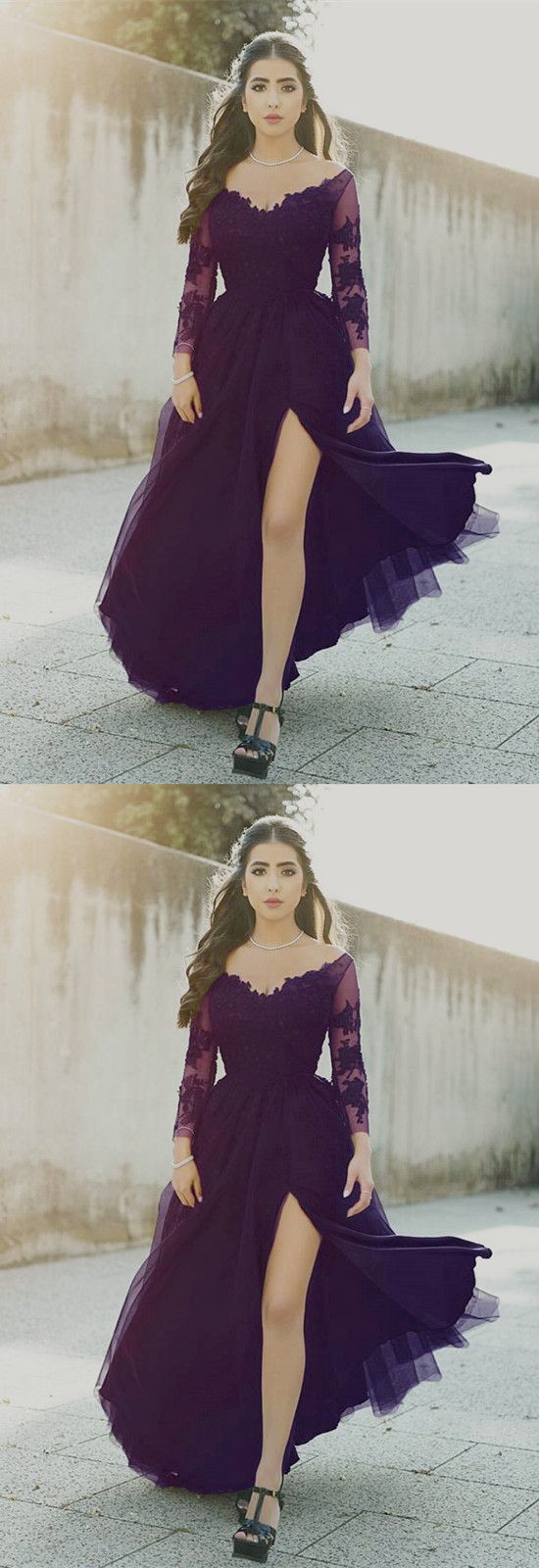purple tulle prom dress with sleeves    cg21960