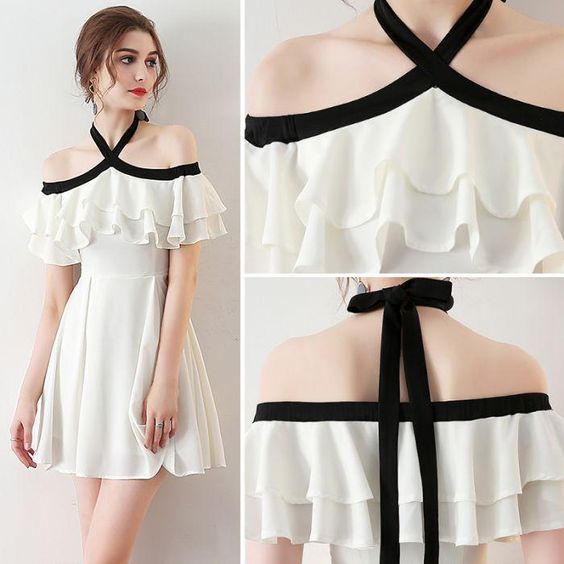 Kurzes schulterfreies Homecoming-Kleid, Neckholder-Chiffon-Homecoming-Kleid in Knielänge cg220