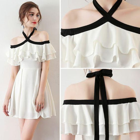 Kurzes schulterfreies Homecoming-Kleid, Neckholder-Chiffon-Homecoming-Kleid in Knielänge cg220