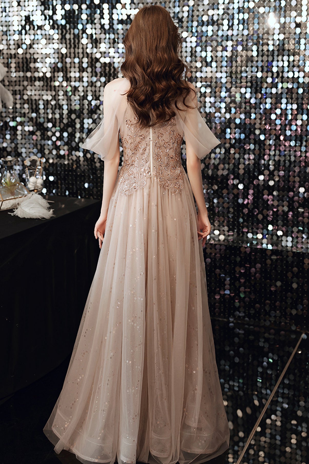 CHAMPAGNE TULLE SEQUINS LONG A LINE PROM DRESS EVENING DRESS cg22003