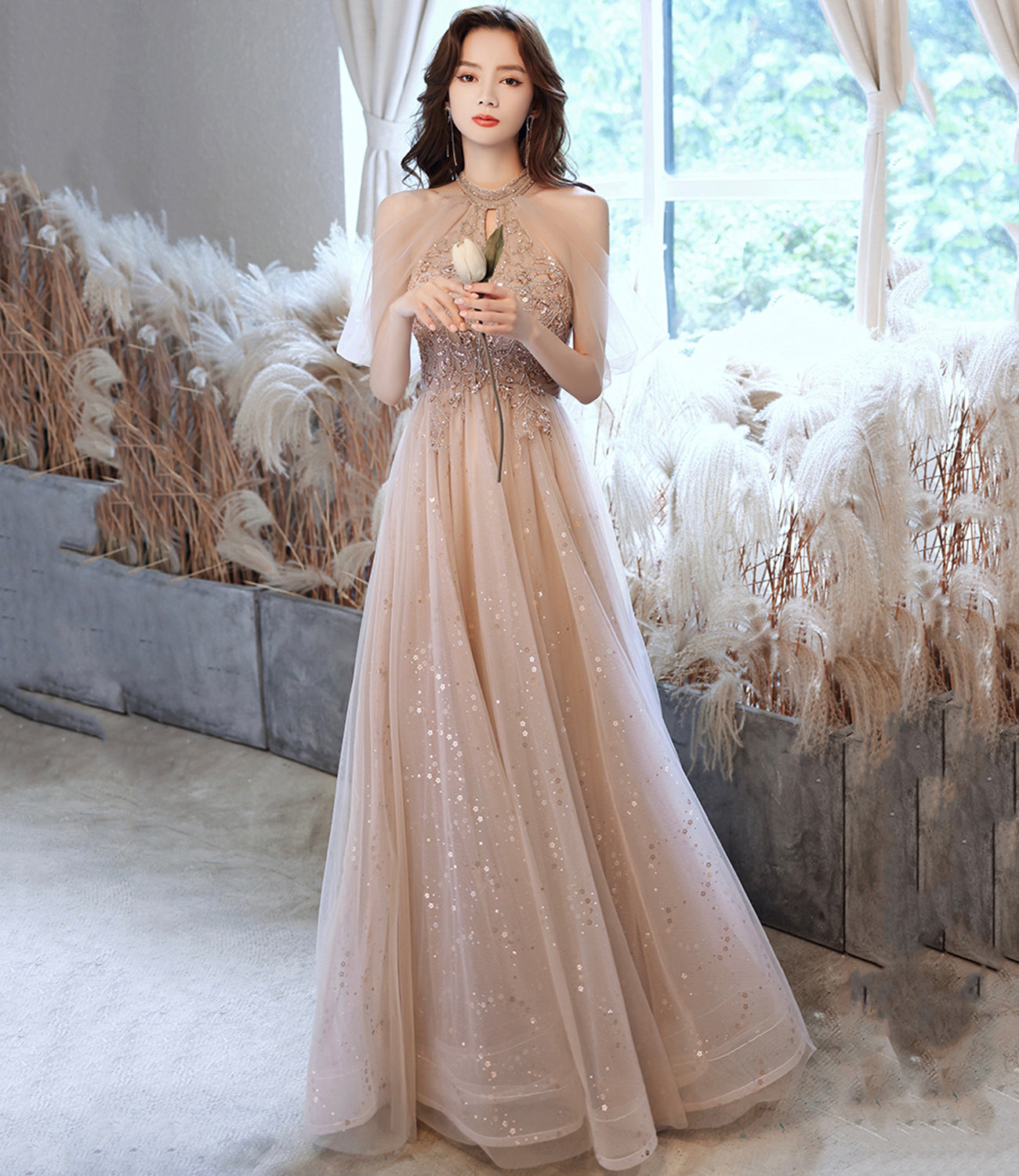 CHAMPAGNE TULLE SEQUINS LONG A LINE PROM DRESS EVENING DRESS cg22003