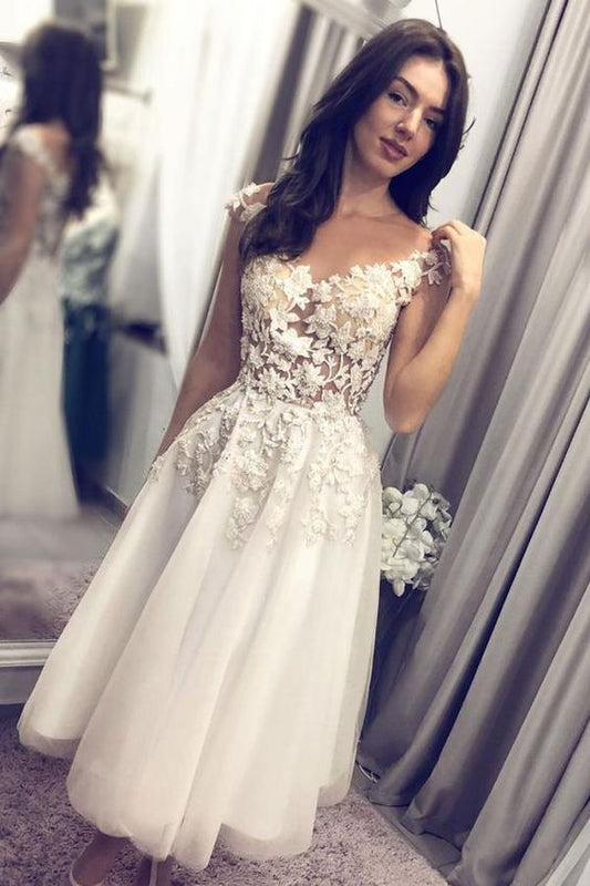 Weißes kurzes Ballkleid aus Tüllspitze, Brautjungfernkleid aus Spitze, cg22039