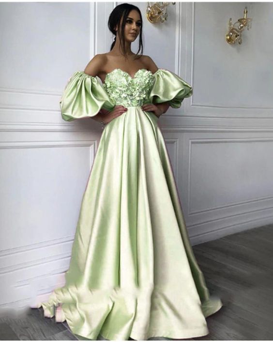 Mint Green Puffy Sleeves Satin Flowers Sweetheart A Line Long Prom Dre classygown Mint Green Puffy Sleeves Satin Flowers Sweetheart A Line Long Prom Dre classygown
