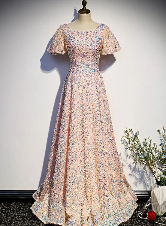 Rosa Pailletten Kurze Ärmel Langes Brautjungfernkleid, Pailletten Bodenlanges Ballkleid cg22079