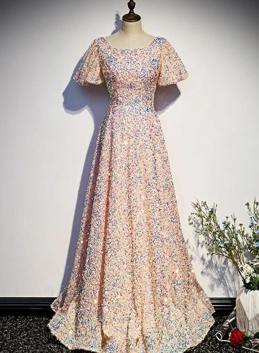 Rosa Pailletten Kurze Ärmel Langes Brautjungfernkleid, Pailletten Bodenlanges Ballkleid cg22079