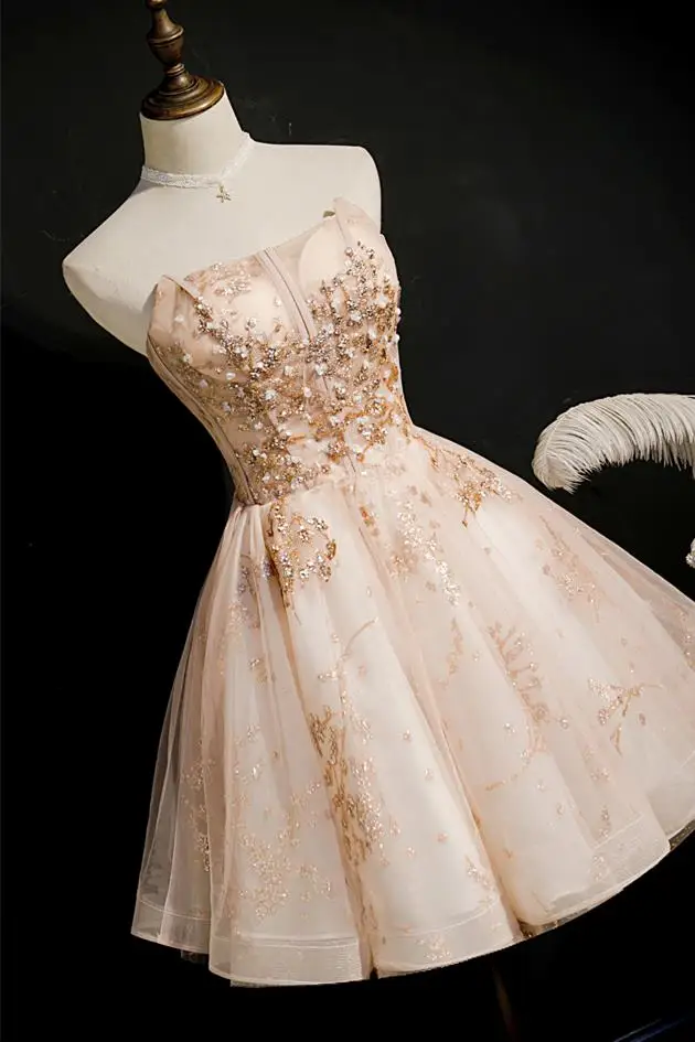 Strapless Short Champagne Party Dress homecoming dress with Sequins cg22080