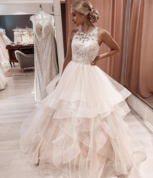 Jewel Neck Lace Tüll Moderne Brautkleider Ballkleid mit Schärpe Mieder Ballkleid cg22092