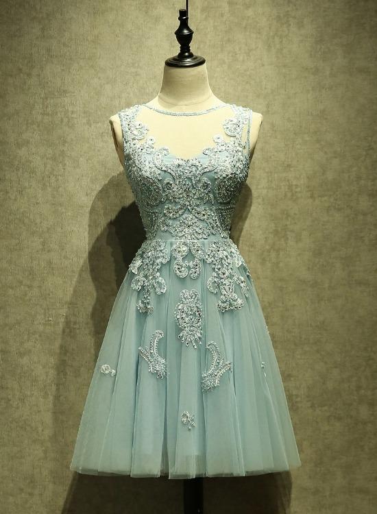 Lovely Homecoming Dress Mint Green Tulle Short Lace Beaded Knee Length Wedding Party Dress cg22096