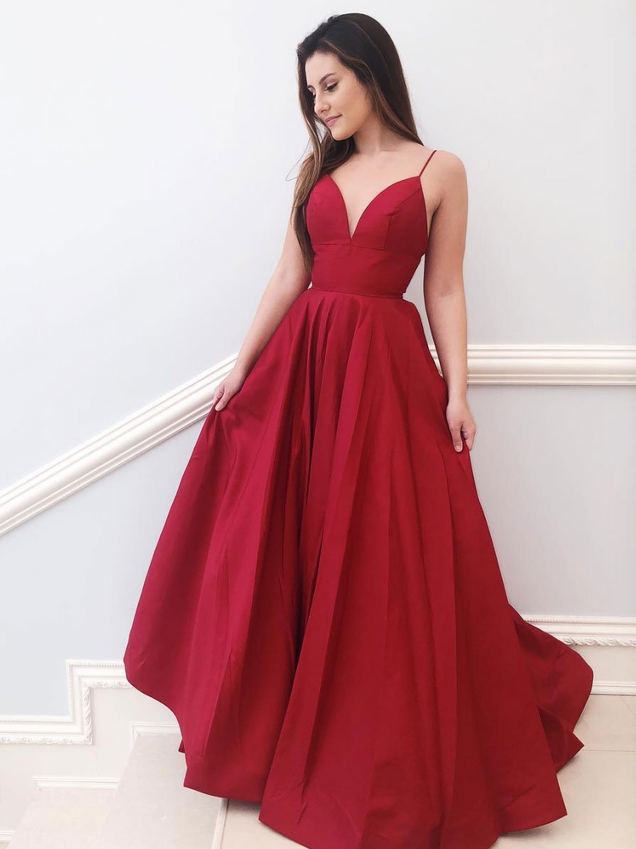 Rotes langes Ballkleid aus Satin mit V-Ausschnitt in A-Linie, rotes Brautjungfernkleid cg22098