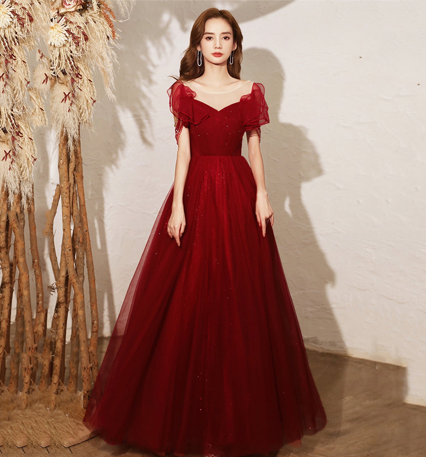 BURGUNDY TULLE LONG A LINE PROM DRESS EVENING DRESS cg22109 classygown BURGUNDY TULLE LONG A LINE PROM DRESS EVENING DRESS cg22109 classygown