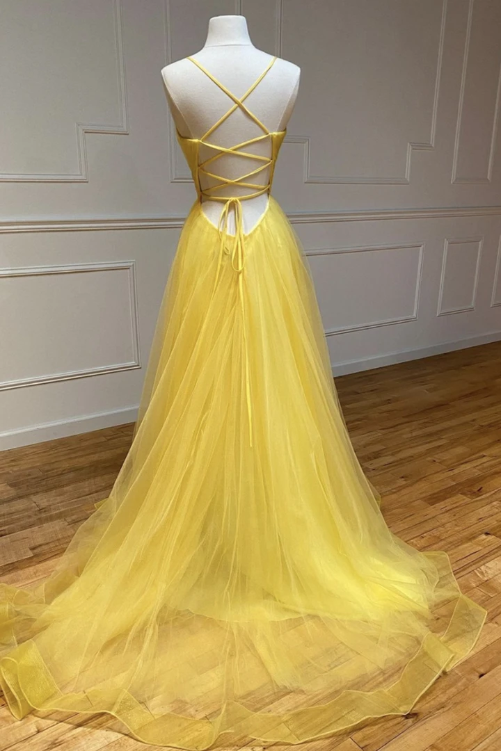 Gelbes langes A-Linien-Ballkleid aus Tüll, Abendkleid cg22116