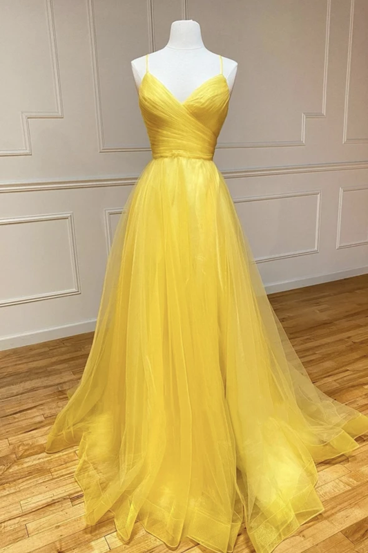 Gelbes langes A-Linien-Ballkleid aus Tüll, Abendkleid cg22116