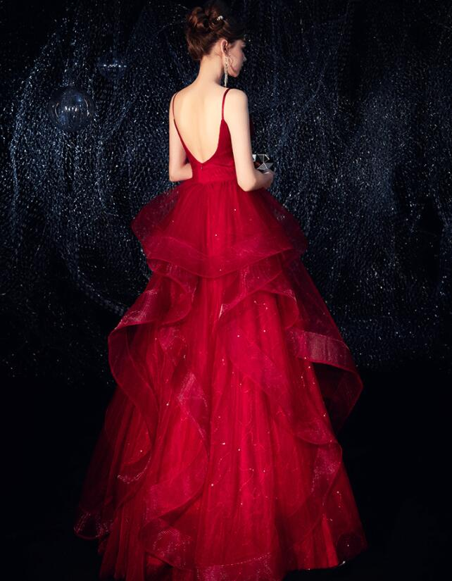 Wine Red Straps Tulle Princess Long Evening Dress Party Dress, Shiny Tulle Evening Gown Prom Dress cg22119