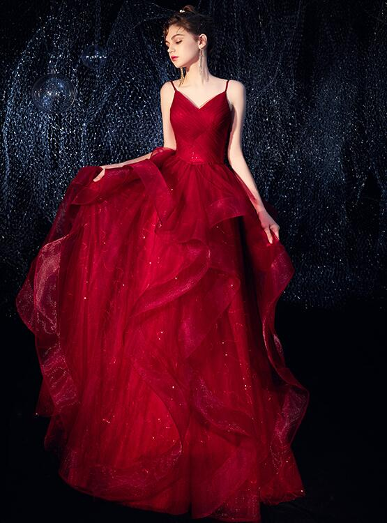 Wine Red Straps Tulle Princess Long Evening Dress Party Dress, Shiny Tulle Evening Gown Prom Dress cg22119