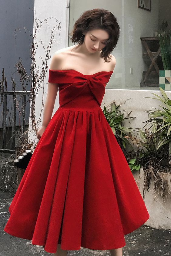 Red Velvet Sweetheart Simple Knee Length Wedding Prom Dress cg22137 Red Velvet Sweetheart Simple Knee Length Wedding Prom Dress cg22137